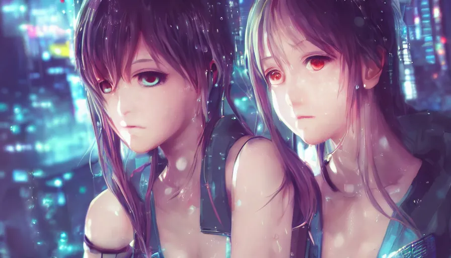 Image similar to cute anime girl in a cyberpunk city by wlop, detailed eyes, heterochromia, closeup, short minidress, light clothing, light rain, hyper real, detailed digital art, hatsune miku, photorealistic