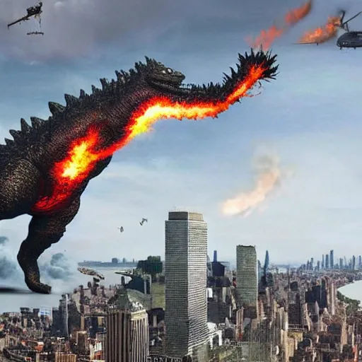 Image similar to kim jong un godzilla destroying manhattan new york city, kim jong - un, godzilla, destruction, hyper realistic, helicopter photo