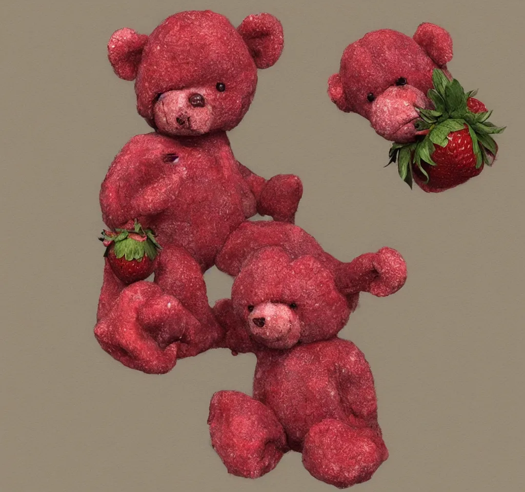 Prompt: digital art hyper realism body horror studio lighting strawberry teddy bear