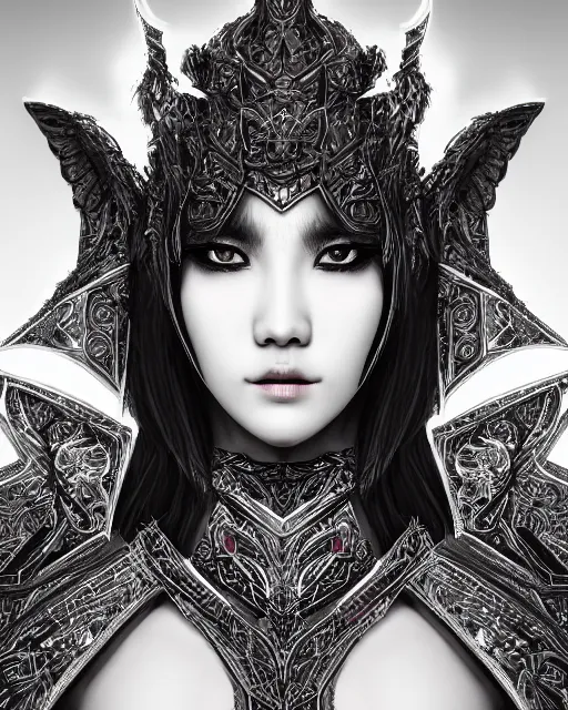 Image similar to Detailed portrait of the strangest angel, black and white armor!!, unique design, by Yun Taek Oh, fine details, pretty face, beautiful violet eyes, inside a palace, perfect, colorful background!!!, 8k high detail, intricate, sharp focus, masterpiece, trending on artstation