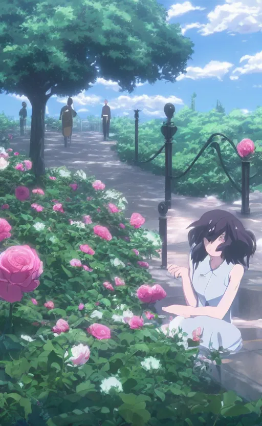 Image similar to rose garden by makoto shinkai, no people