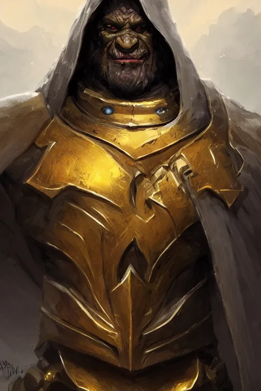 Image similar to orc in golden armour and black cape with hood, d & d, fantasy, portrait, highly detailed, headshot, digital painting, trending on artstation, concept art, sharp focus, illustration, art by artgerm and greg rutkowski and magali villeneuve