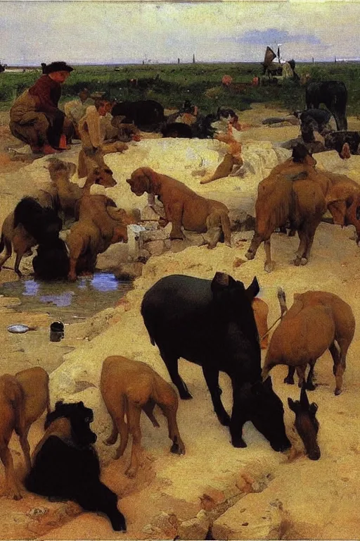 Prompt: animals drinking at the water hole, ilya repin, 8k,