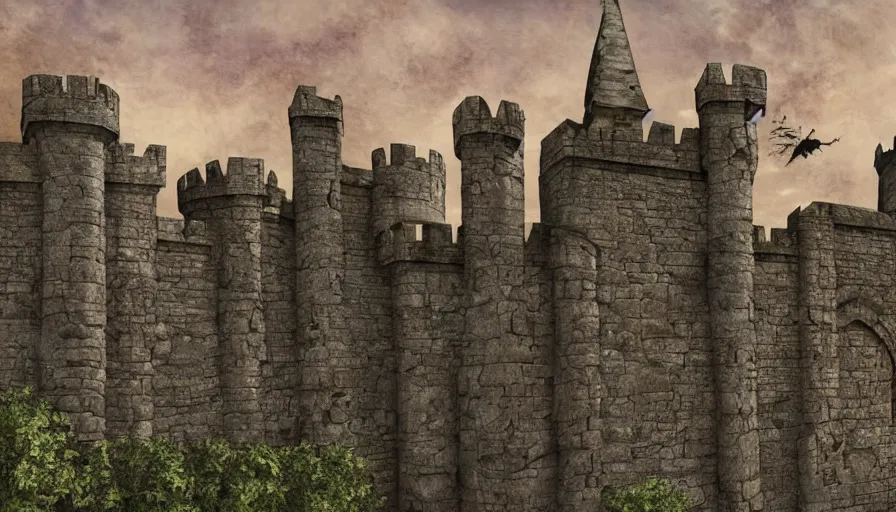 Prompt: the wall of a medieval castle with creepy gargoyles on the cornice, high quality, realistic digital illustration