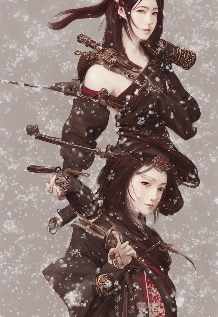 Image similar to detailed portrait of one single steampunk girl samurai with tachi and cross bow combat pose in snow forest sakura cherry blossom swan hakama kimono trending on artstation elite, elegant, luxury, by krenz cushart greg rutkowski alexandros, perfect face, fine details, realistic shaded, fine - face, pretty face