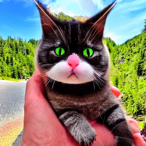 Image similar to vacation photos postcard from gizmo the rotund rainbow kitty with rainbow fur, a pink nose, multicolored eyes heterochromia cute wild adventures and travel to glorious locations