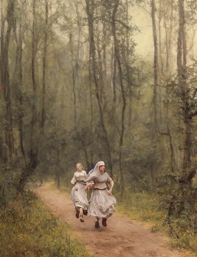 Image similar to two peasant girls running in the forest, motion photo, Cottage core, Cinematic focus, Polaroid photo, vintage, neutral colors, soft lights, foggy, by Steve Hanks, by Serov Valentin, by lisa yuskavage, by Andrei Tarkovsky, by Terrence Malick, by Krenz Cushart, 8k render, detailed, oil on canvas