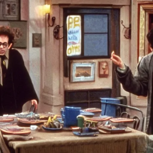 Image similar to harry potter starring in Seinfeld, screenshot, dinner with Elaine