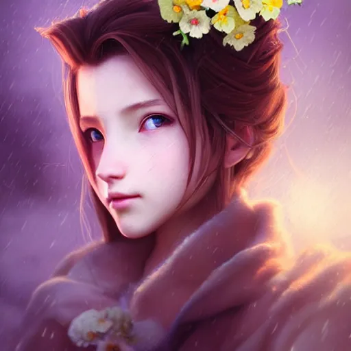 Image similar to Beautiful riveting aesthetically pleasing Aerith Gainsborough holding a flower basket portrait, face centered portrait, Confident, fog, rain, volumetric lighting, beautiful, golden hour, sharp focus, ultra detailed, conceptartworld by Leesha Hannigan, Ross Tran, Thierry Doizon, Kai Carpenter, Ignacio Fernández Ríos