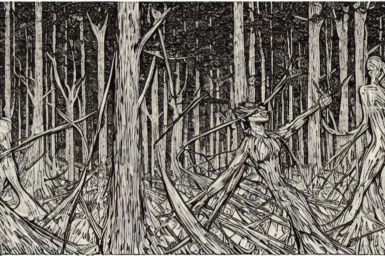 Prompt: spirit forest, by dan mumford and by alberto giacometti, peter lindbergh, malevich, william stout