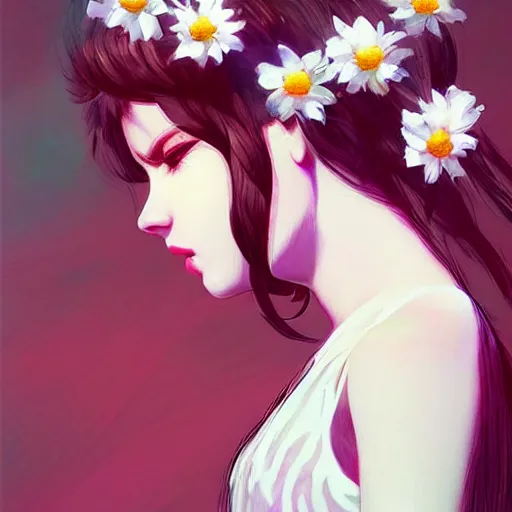 Image similar to little girl with flowers in hair wearing an white dress, art by ilya kuvshinov, profile picture, inspired in hirohiko araki, realistic, highly detailed