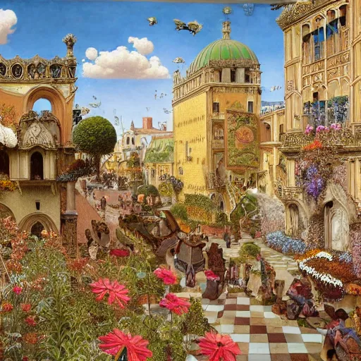 Image similar to hyperrealistic detailed painting of medieval city, with flowers, beetles, bacteria, fish skeletons, fungi, scales, golden filigree, art by ernst haeckel, john william godward, hammershøi, alphons mucha, pontormo, ornamental, decorative, art nouveau pattern, deep pastel colors,