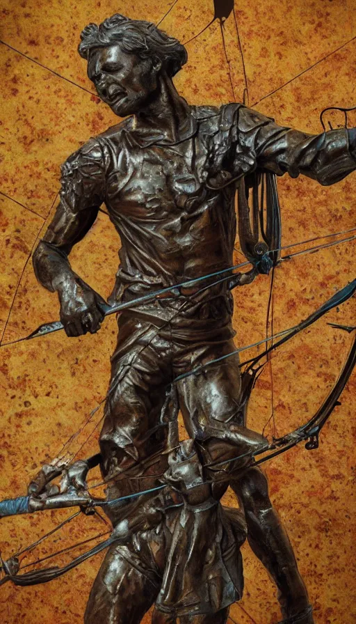 Image similar to An epic fantastic realism comic book style painting of a distressed bronze archery sculpture from the future by Stanislaw Szukalski, beautiful colorful flowers rain down, gilded marbled paper background, archer, fisheye lens, unreal 5, DAZ, hyperrealistic, octane render, dynamic lighting