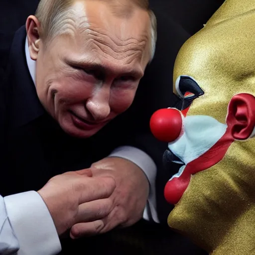 Image similar to putin in the mask of a crying clown is kneeling hyper, realistic photos, clear details.