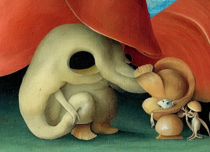 Prompt: a painting of a cute creature sitting next to a mushroom, detailed, realistic, in style of hieronymus bosch