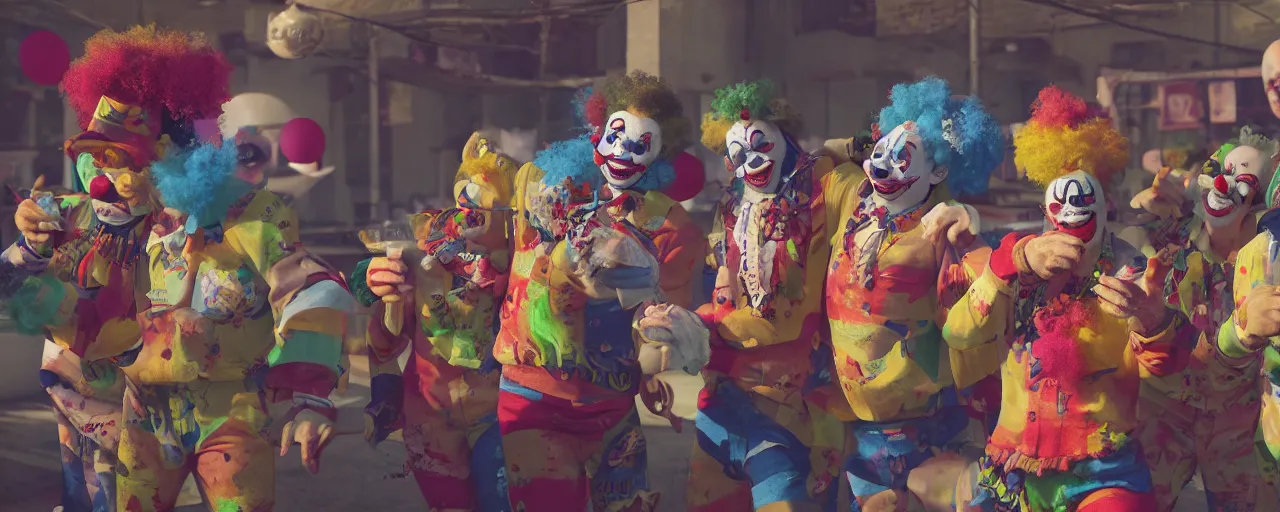 Image similar to clown gang drinking, wide angle, photo realistic, extreme detail, 8K , octane render, cinematic