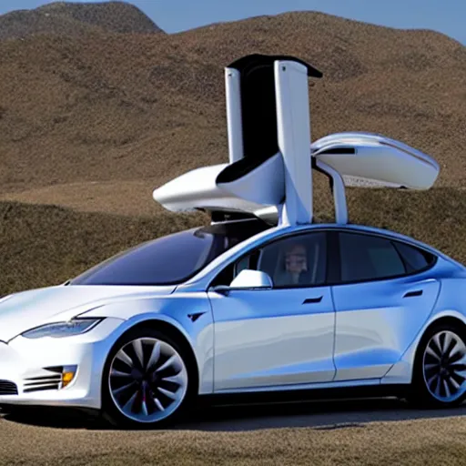 Prompt: tesla, flying car, product photo