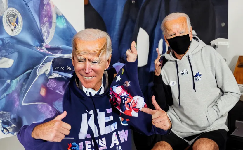 Image similar to a photo of joe biden using a bts k - pop hoodie, ultra detailed, studio photography