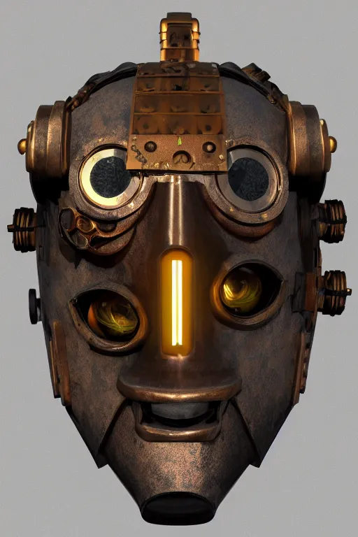 Image similar to steampunk mask minimalist fantasy art robot ninja helmet, global illumination ray tracing hdr fanart arstation by sung choi and eric pfeiffer and gabriel garza and casper konefal radiating a glowing aura