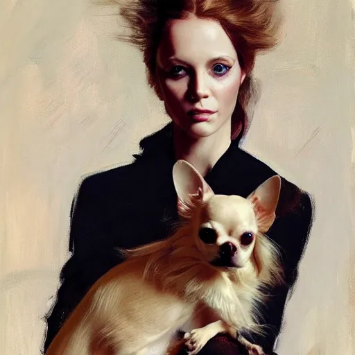 Image similar to beautiful blonde woman, blue eyes, intricate, elegant, highly detailed, holding old long haired chihuahua, greg manchess, mucha, liepke, ruan jia, jeffrey catherine jones, ridley scott