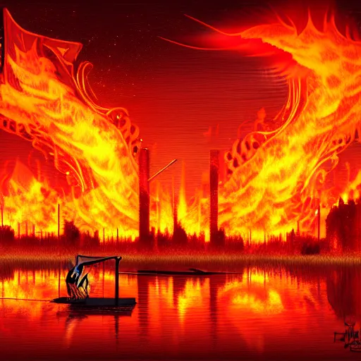 Image similar to in the lower part of the picture is the harp burning in the fire, above are cranes flying in flames, digital painting, concept art