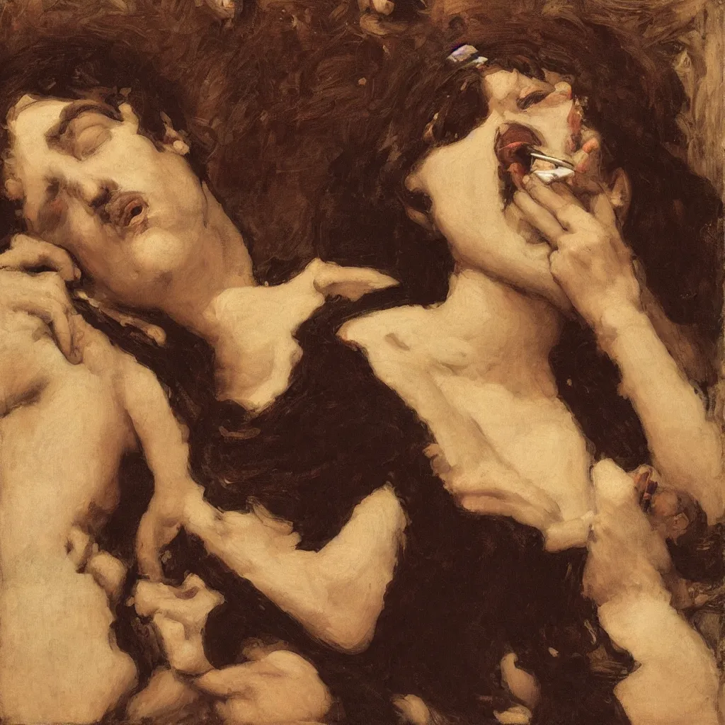 Prompt: portrait en buste of bill hicks SNORTING SMOKING TRIPPING in repose by John William Waterhouse, Frederic Leighton, true-to-life, flowing realistic fabric, abundant detail