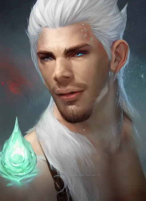 Image similar to young man with white hair and white goatee, dndbeyond, bright, colourful, realistic, dnd character portrait, full body, pathfinder, pinterest, art by ralph horsley, dnd, rpg, lotr game design fanart by concept art, behance hd, artstation, deviantart, hdr render in unreal engine 5