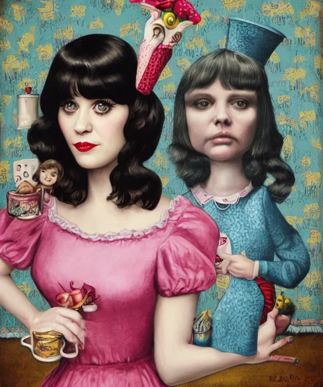 Image similar to portrait of Zooey Deschanel in wonderland, lowbrow painting by Mark Ryden