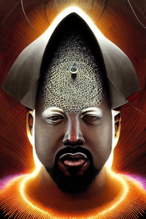 Prompt: cinematic portrait of Yeezus. Centered, uncut, unzoom, symmetry. charachter illustration. Dmt entity manifestation. Surreal render, ultra realistic, zenith view. Made by hakan hisim feat cameron gray and alex grey. Polished. Inspired by patricio clarey, heidi taillefer scifi painter glenn brown. Slightly Decorated with Sacred geometry and fractals. Extremely ornated. artstation, cgsociety, unreal engine, ray tracing, detailed illustration, hd, 4k, digital art, overdetailed art. Intricate omnious visionary concept art, shamanic arts ayahuasca trip illustration. Extremely psychedelic. Dslr, tiltshift, dof.  64megapixel. complementing colors. Remixed  by lyzergium.art feat binx.ly and machine.delusions. zerg aesthetics. Trending on artstation, deviantart