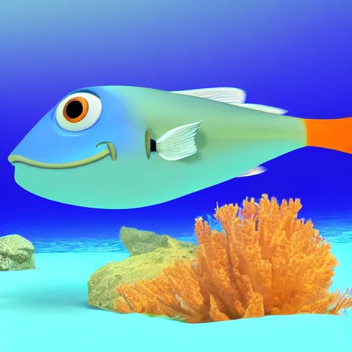 Prompt: a 3d render of a fish underwater that is looking a boat , in the style of a pixar cartoon, disney cartoon