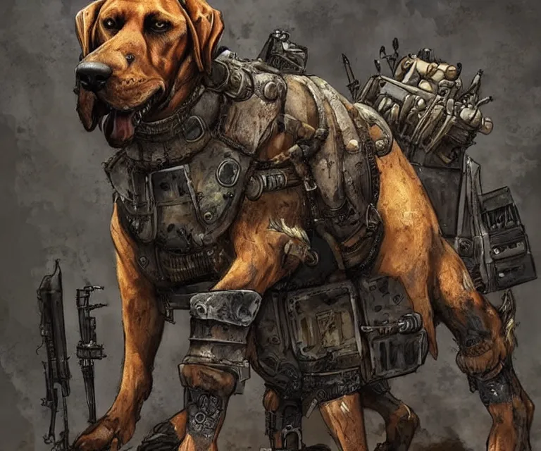 Image similar to a good ol'bloodhound dog fursona ( from the furry fandom ), heavily armed and armored facing down armageddon in a dark and gritty version from the makers of mad max : fury road. witness me.