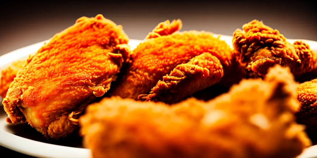 Prompt: photo of fried chicken, close - up, low saturation, diffuse light