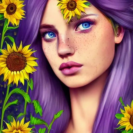 Image similar to a beautiful stunning matte digital portrait illustration of a blue-eyed woman with freckles and violet hair wearing a yellow sunflower crown, in the style of Ross Tran, trending on artstation, contest winner