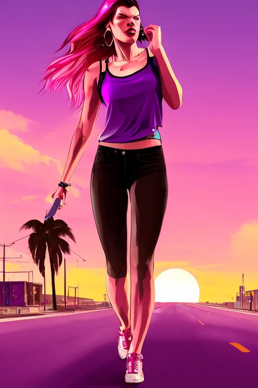 Image similar to a stunning GTA V loading screen Milla Jovovich with ombre purple pink hairstyle, hair blowing in the wind, hoop earrings, sunset mood, outrun, vaporware, retro, digital art, trending on artstation