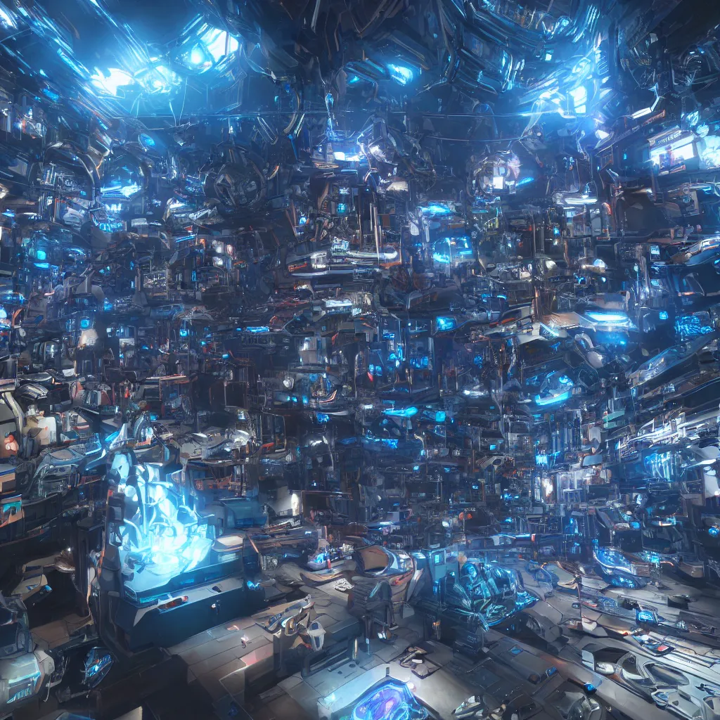 Image similar to cybernetic wonderland, artstation, raytracing, unreal engine, blue