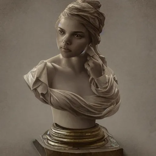 Image similar to beautiful lifelike award winning marble bust statue chloe ’ s grace moretz trending on art station artgerm greg rutkowski alphonse mucha museum quality cinematic atmospheric