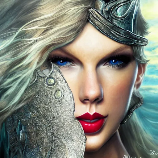 Image similar to the body portrait of taylor swift in a knight armor, epic fantasy art, mystical, mystic atmosphere, mythology, photo realistic, high detail, ultra realistic, hyper realistic, high definiton, 4 k uhd,