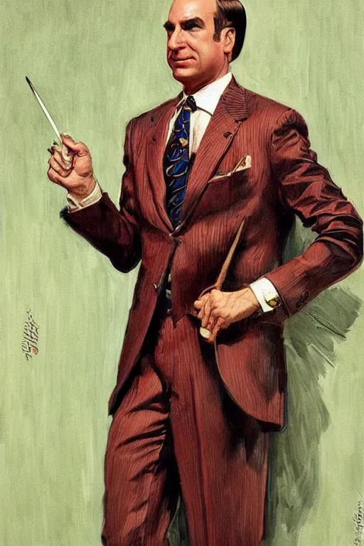 Prompt: sharp saul goodman wearing colorful suit, painting by jc leyendecker!!!, angular!!!, triangle brush strokes, ( painterly ), vintage, crisp!