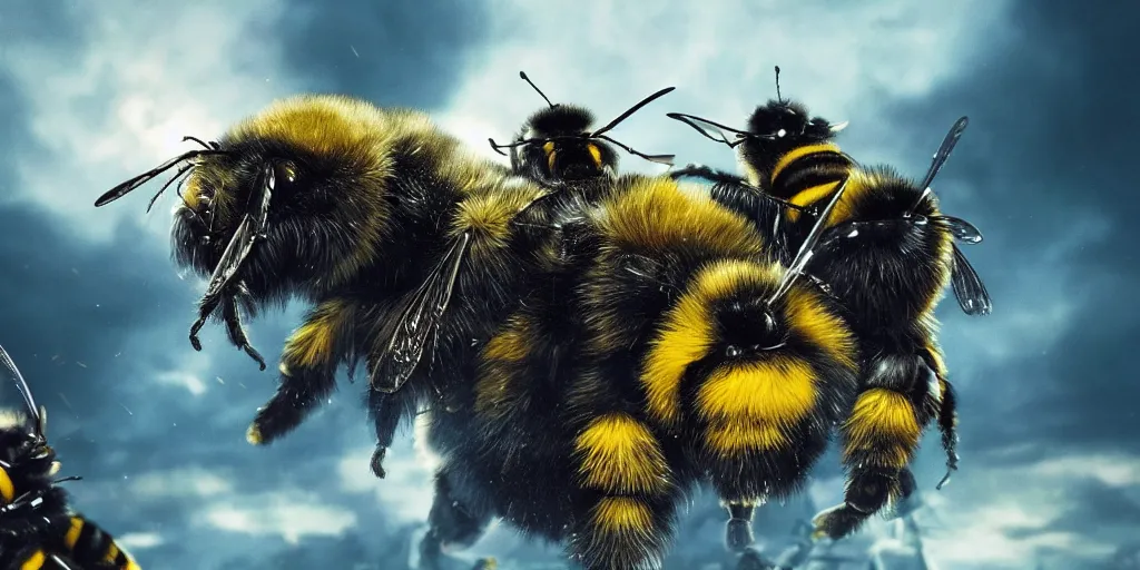 Image similar to Bumblebees going to war, realistic 4k octane beautifully detailed render, 4k post-processing, highly detailed, intricate complexity, epic composition, magical atmosphere, cinematic lighting, masterpiece, ultra hd