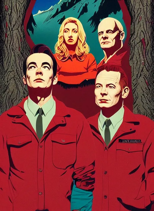 Image similar to Twin Peaks poster artwork by Michael Whelan, by Bob Larkin and Tomer Hanuka, Karol Bak of portrait of Joe Rogan in red flannel, from scene from Twin Peaks, clean, simple illustration, nostalgic, domestic