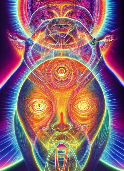 Prompt: humankind transcendence into collaborative intelligence, connectedness, bosy, ai, by alex grey, album cover, award winning, beautiful, colorful, volumetric lighting, trending on artstation