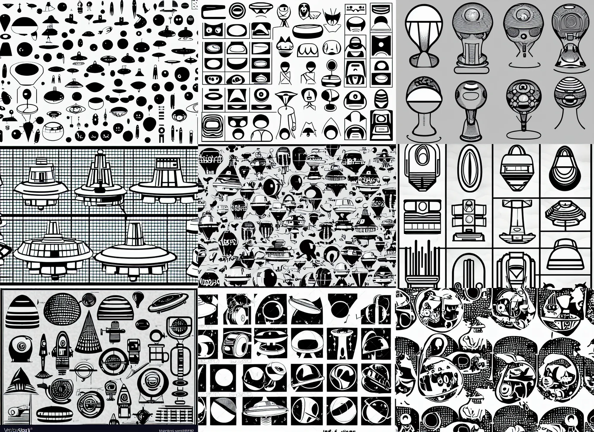 Prompt: ufo clean shapes by bauhaus sprite sheet, b & w, vector
