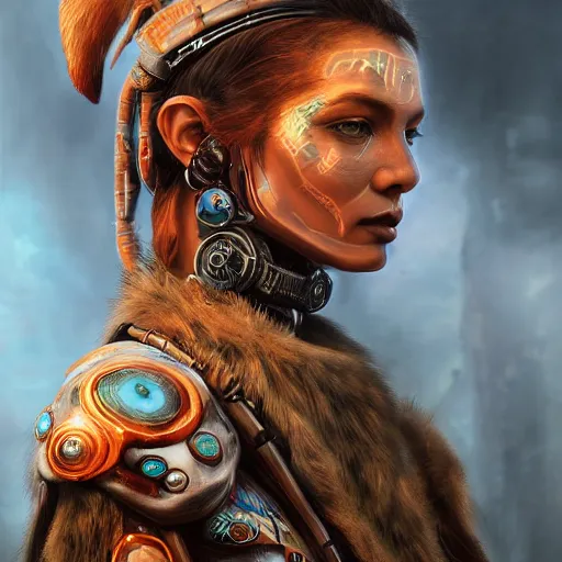 Image similar to detailed portrait of a futuristic sci - fi shaman in an impressive scene. extremely detailed. beautiful lighting. trending on artstation.