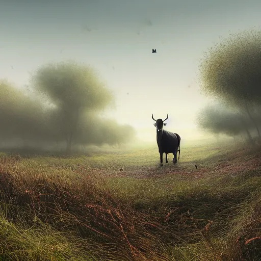 Prompt: a detailed matte landscape painting of a cow standing in a grassy field wearing a witch hat, cow wearing hat!!!! viewed in profile, fog and flying glowing moths in the background, ultrawide lens, aerial photography, black and blue color scheme with gold highlights, art by paul kidby, 8 k, octane render