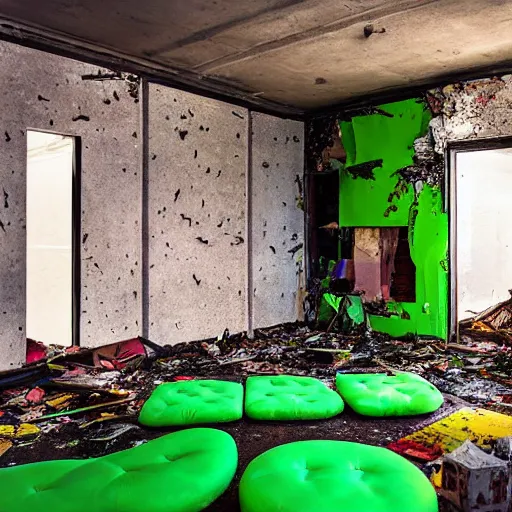 Prompt: dayglo green, taco bell opulent by nacho carbonell. a body art of a room that is wrecked, furniture overturned, belongings strewn about, & debris everywhere. the only thing left intact is a photograph on the wall shows a tidy, well - appointed space, with everything in its place.