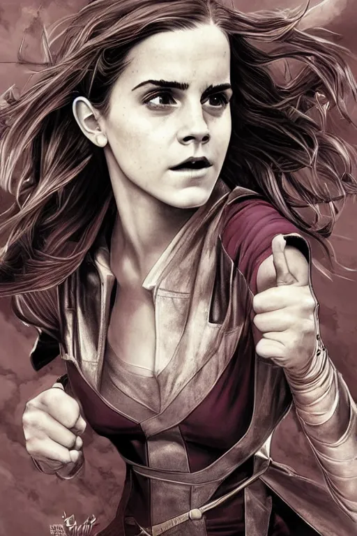 Prompt: Emma Watson as the superhero Captain Hogwarts, highly detailed, artstation, sharp focus, illustration, art by joe jusko