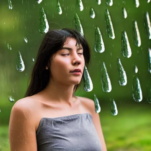 Image similar to a photo of a female made out of hexagons stone, trying to feel the rain, 5 0 mm lens, f 1. 4, sharp focus, ethereal, emotionally evoking, head in focus, volumetric lighting, 8 k