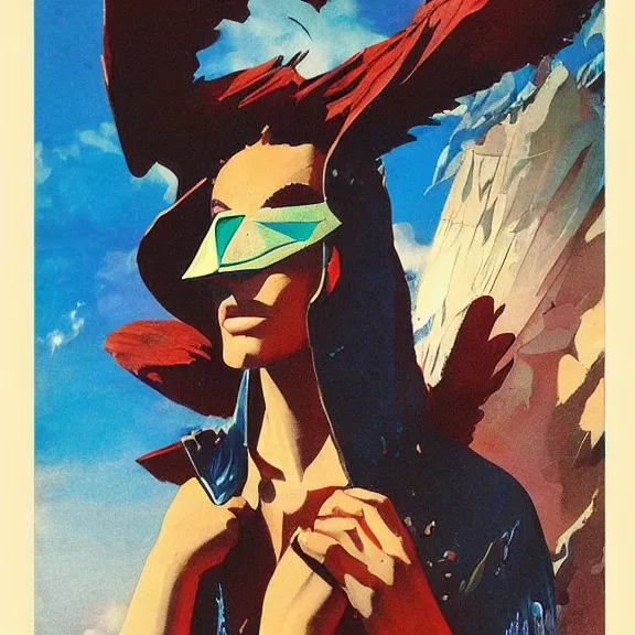 Prompt: illustration of model in plastic bird mask wearing baggy colorful 9 0 s rick owens jacket by frank frazetta. sci fi book cover. - c 1 0