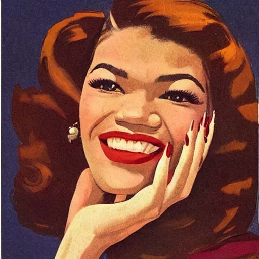 Image similar to “Zendaya portrait, color vintage magazine illustration 1950”