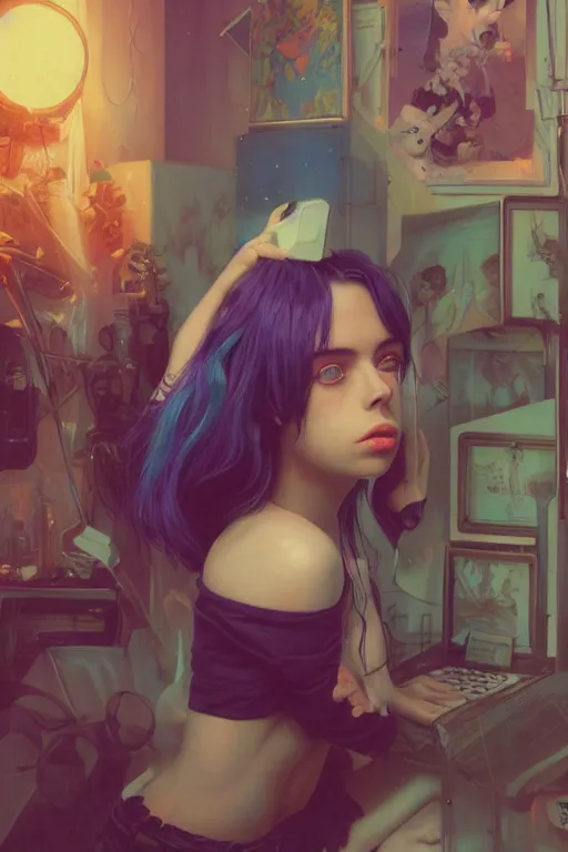 Image similar to billie eilish portrait of a vaporwave girl in a cluttered 9 0 s bedroom, by artgerm, tom bagshaw, gerald brom, vaporwave!, vaporwave colors!, symetrical, 4 k, lo fi colors, lo fi, 4 k, hd,